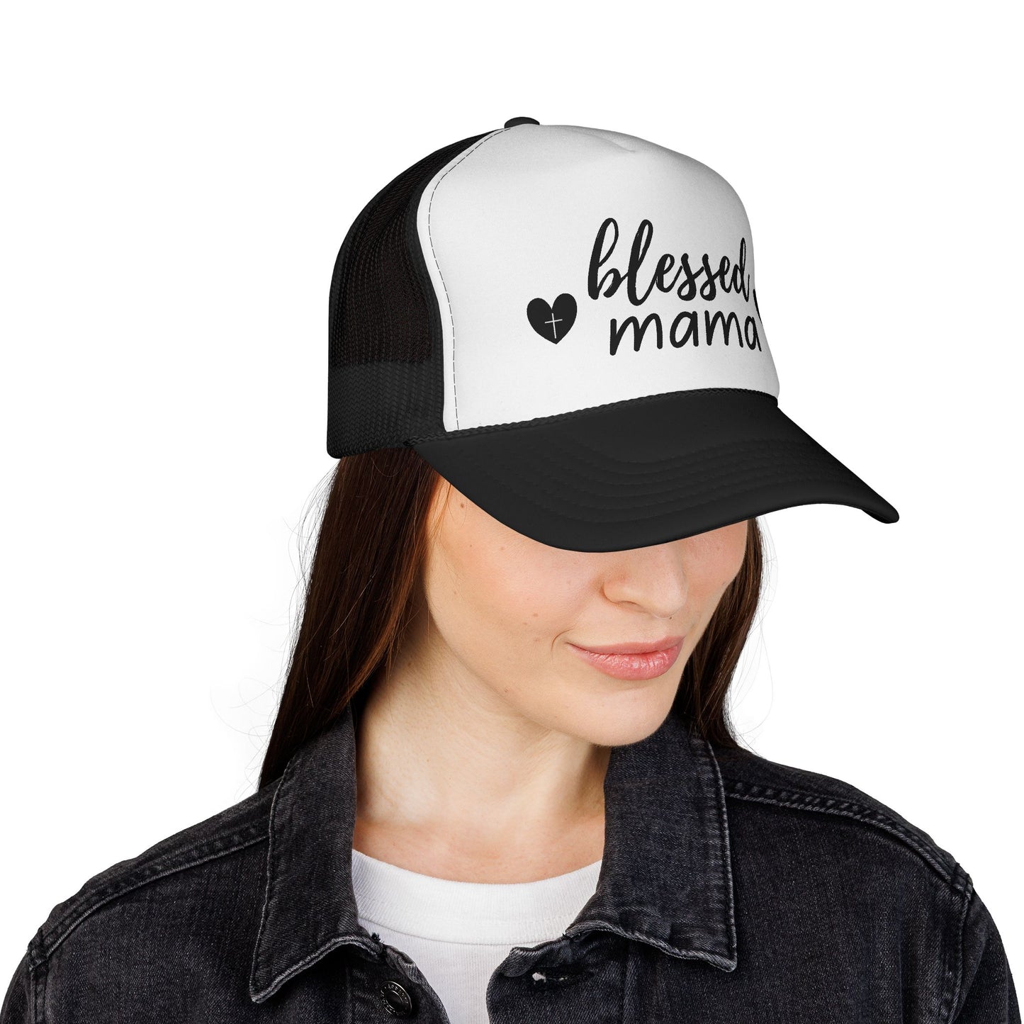 Blessed Mama Heart Cross Trucker Cap